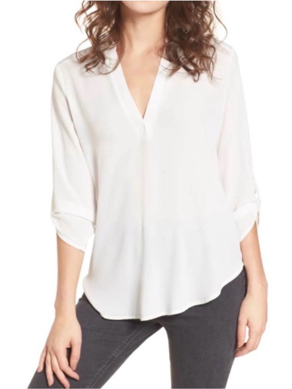 BNWOT All In Favor Perfect Henley Roll Tab Sleeve Blouse L Ivory